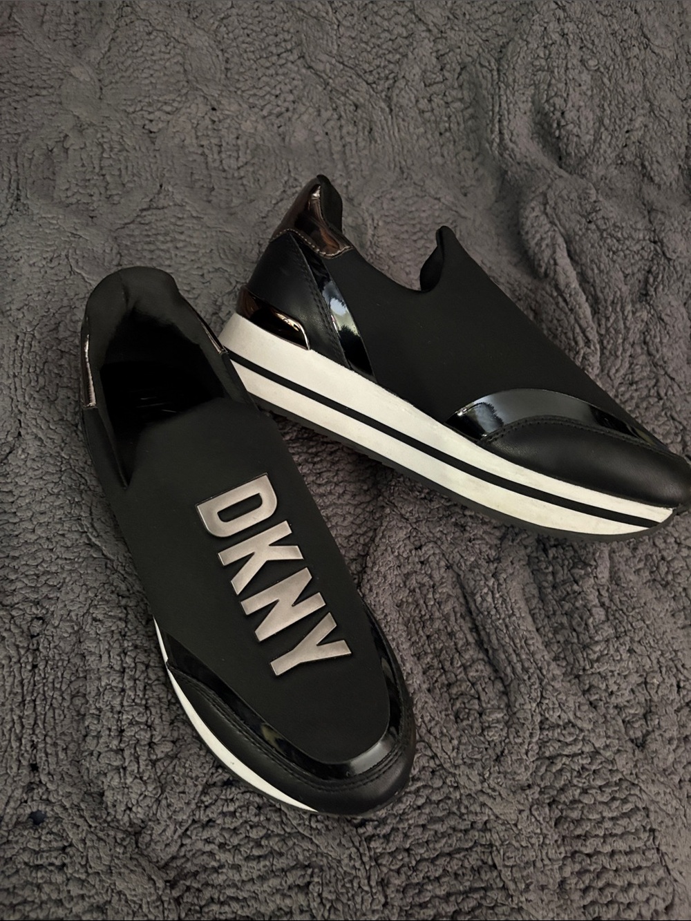DKNY Black and White Slip-On Platform Trainers